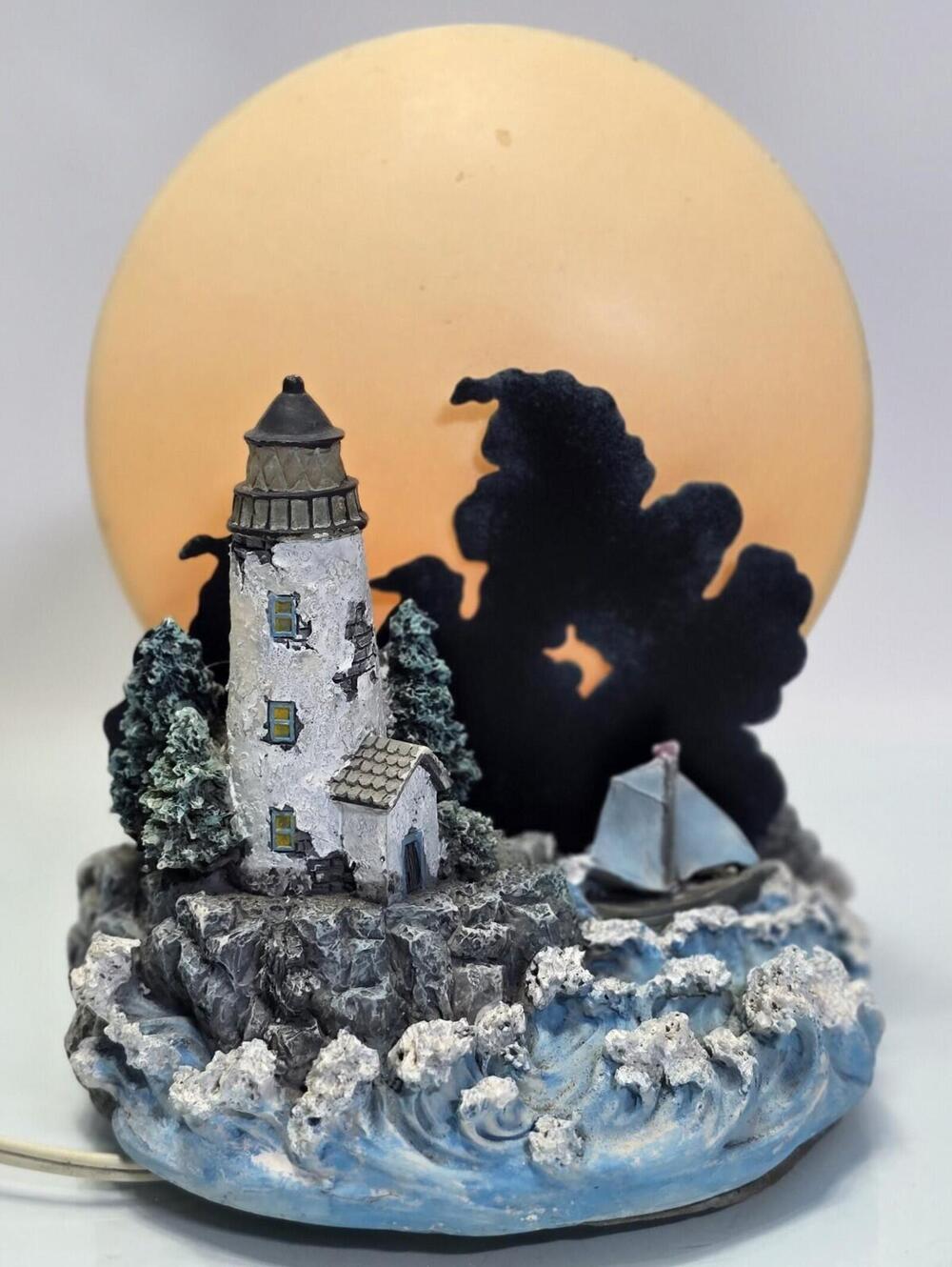 Vintage Lighthouse Silhouette Blow Mold Moon Resin Table TV Lamp Works 8" Tall